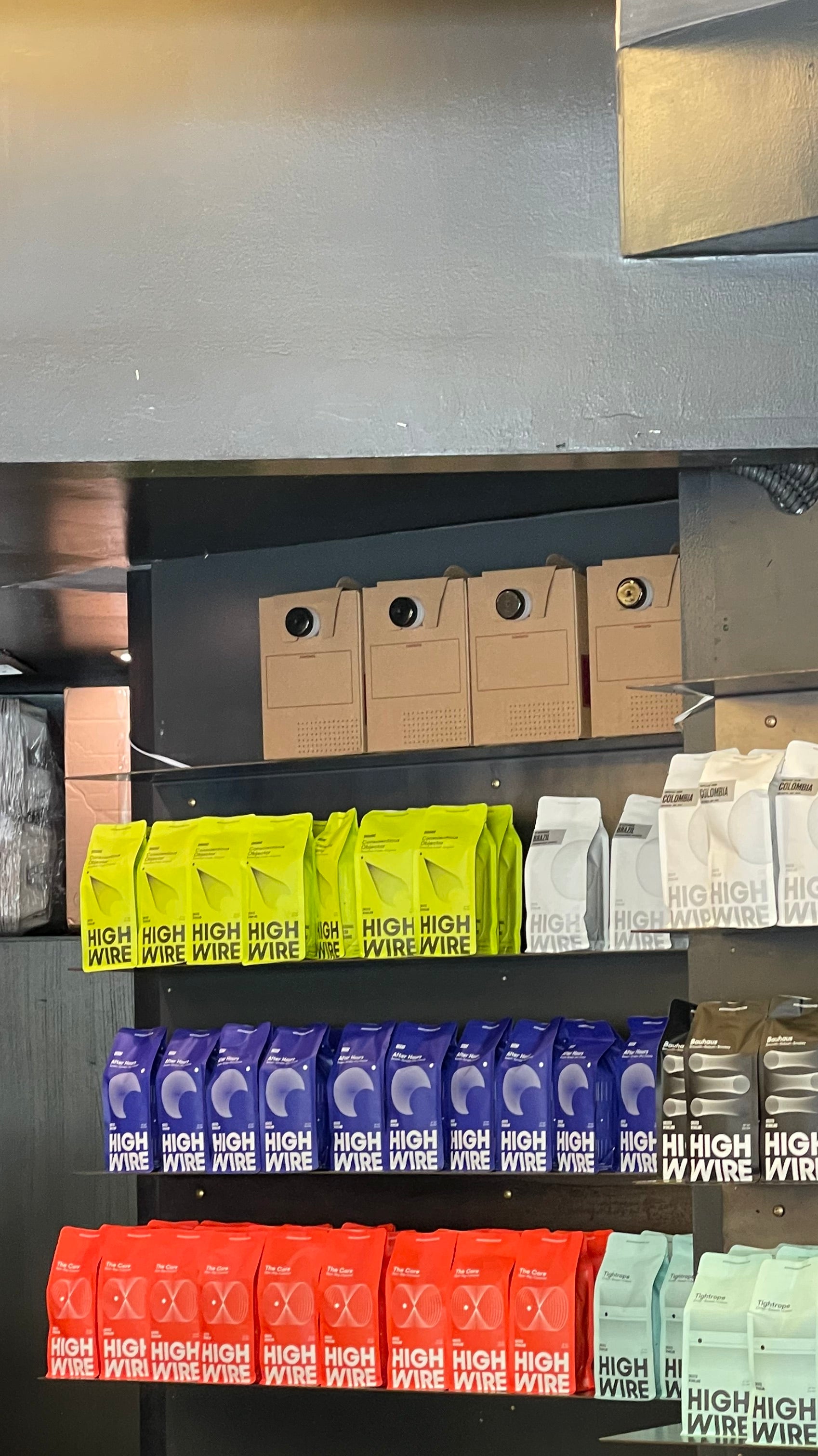 Highwire Coffee new compostable bag designs. Displayed at Rockridge Market Hall