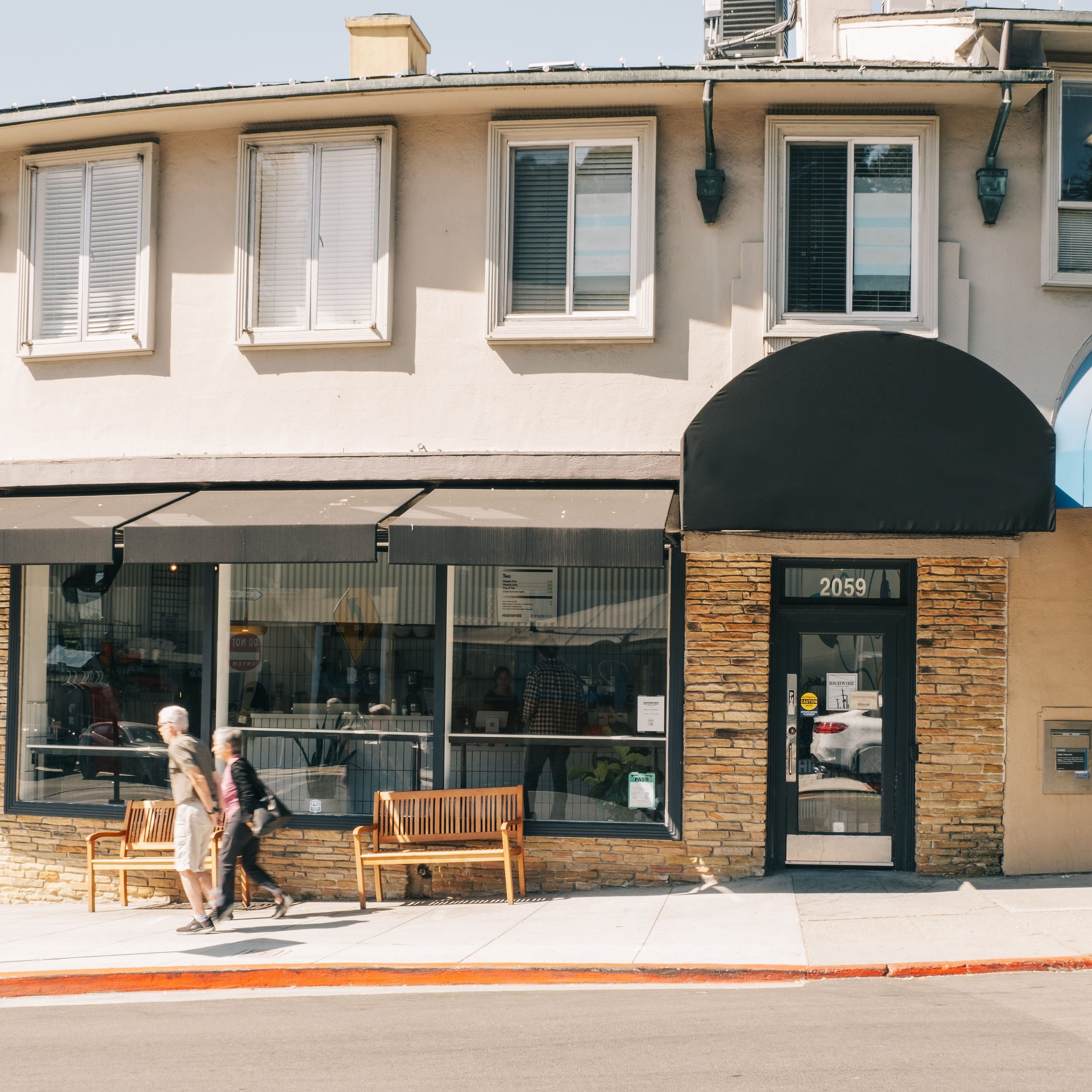 The curved storefront of Highwire's coffee shop in Montclair