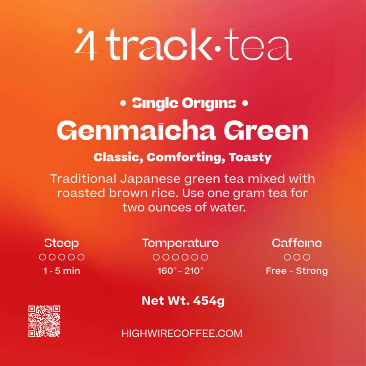 4 Track Tea Genmaicha Green tea packaging label with text and branding on a red orange gradient background