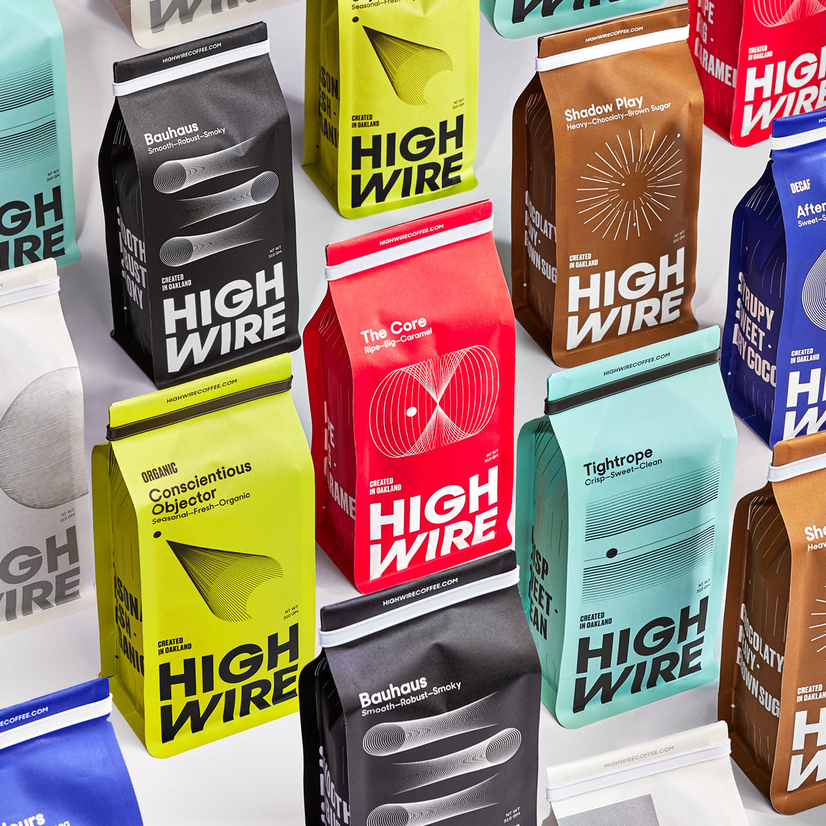 Multiple packs of Highwire Coffee arranged artfully