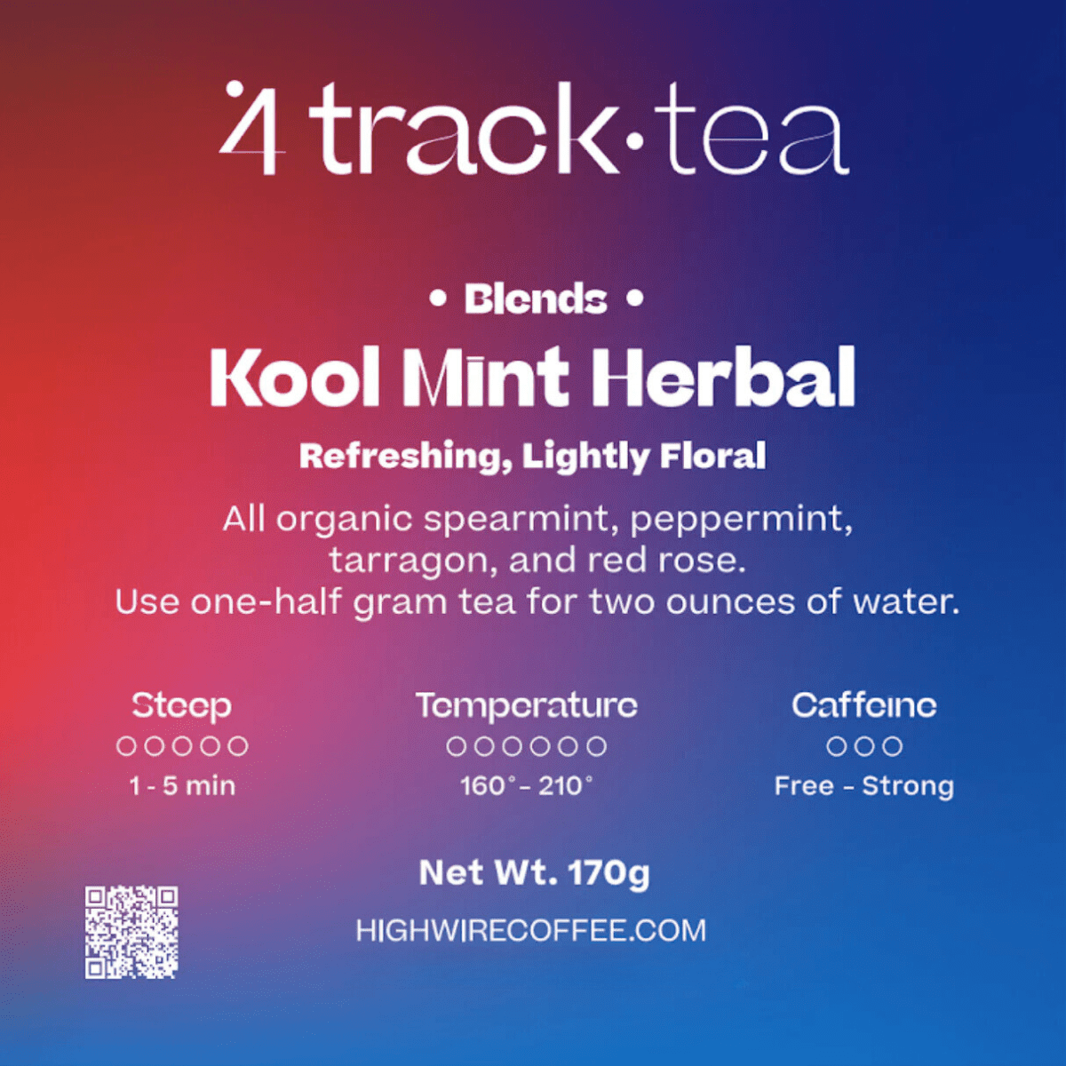 4 Track Tea Kool Mint Herbal packaging label with brand name and product details on a gradient background.