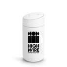 White thermal mug with slide lid, with a geometric graphic and Highwire Coffee Roasters printed in black. 
