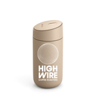 Light brown thermal mug with slide lid, with a geometric graphic and Highwire Coffee Roasters printed in white.