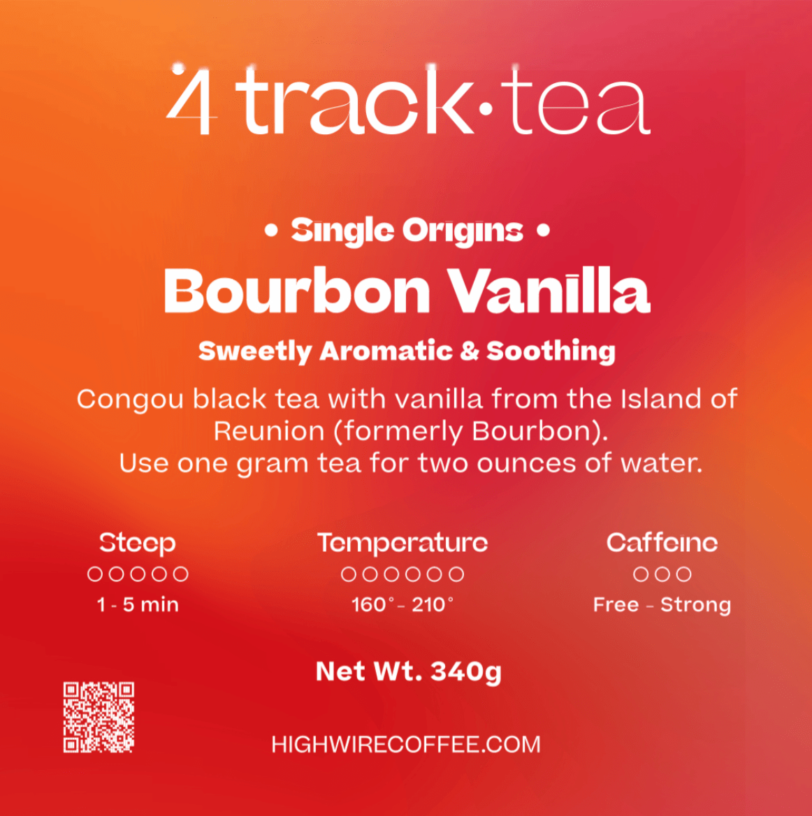 Track Tea Bourbon Vanilla tea packaging label with product details on a red and orange gradient background.
