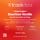 Track Tea Bourbon Vanilla tea packaging label with product details on a red and orange gradient background.