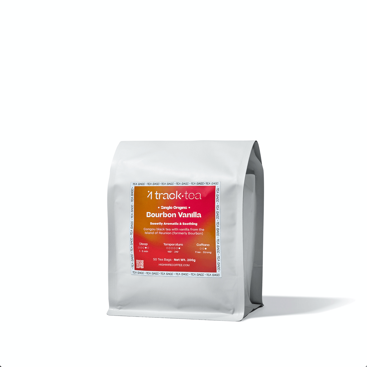 4 Track Tea Bourbon Vanilla Tea Bag packaging, a 50-count white bag with an orange to red gradient label, photographed on a stark white background.