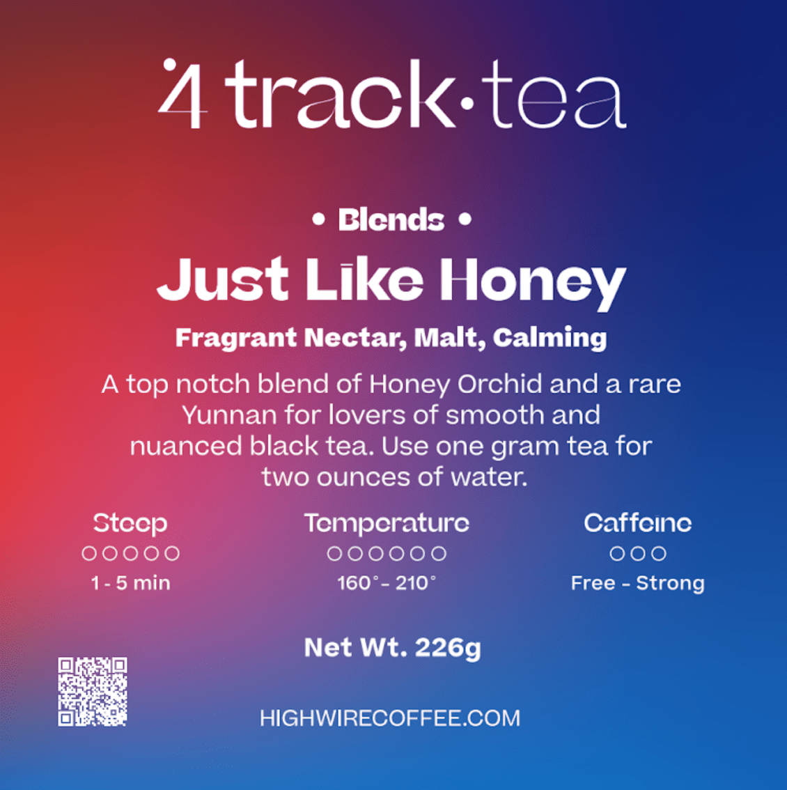 4 Track Tea package  label with product details on a gradient background