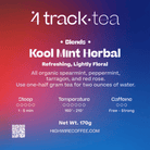 4 Track Tea Kool Mint Herbal packaging  label with brand name and product details on a gradient background.
