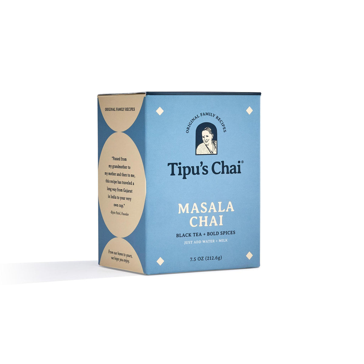 A box of Tipu's Original Sweetened Masala Chai with their logo featuring a picture of a woman and the words "Original family Recipe" above it, placed against a light blue background.